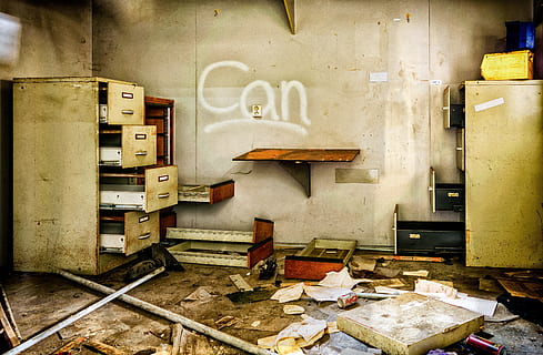 white filing cabinet near wall, lost places, office, clutter HD wallpaper