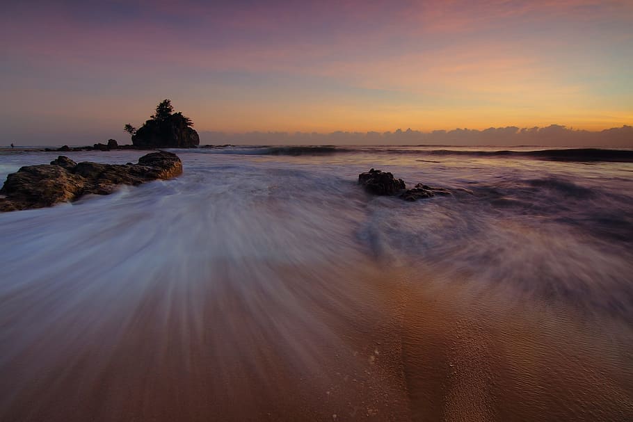 sea, ocean, water, waves, nature, sunset, rocks, clouds, sky HD wallpaper
