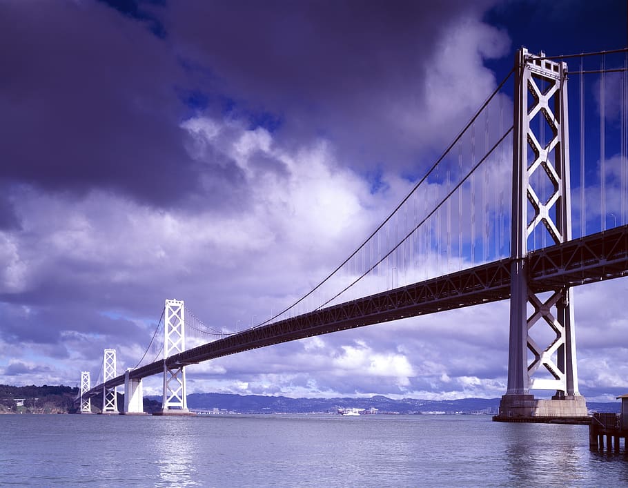 low-angle photography of suspension bridge, architecture, bridge construction HD wallpaper