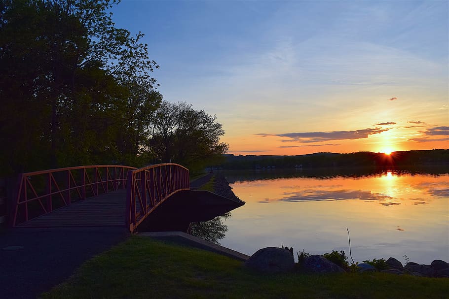 Sunset, Lake, Bridge, Harbor, Water, Sky, nature, reflection HD wallpaper