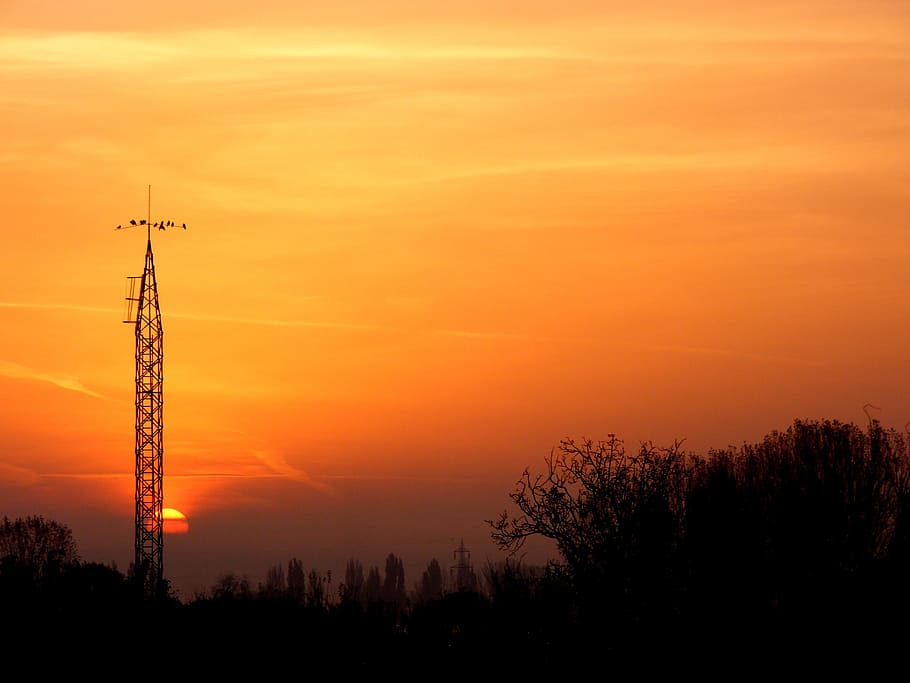 east, sun, sky, red, cloud, pole, sunset, electricity, antenna HD wallpaper