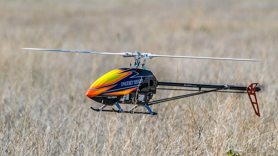orange and black helicopter toy, drone, field, grass, animal themes HD wallpaper