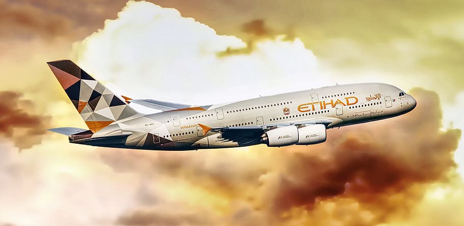 white, orange, and black Etihad air bus flying near white clouds, HD wallpaper