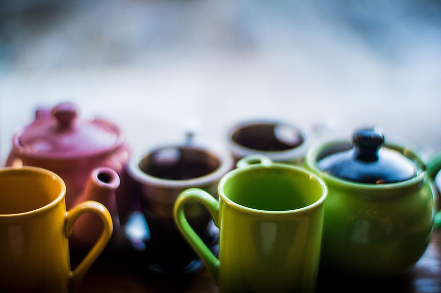 assorted-color ceramic teapots and cups, green, mug, tea cups HD wallpaper