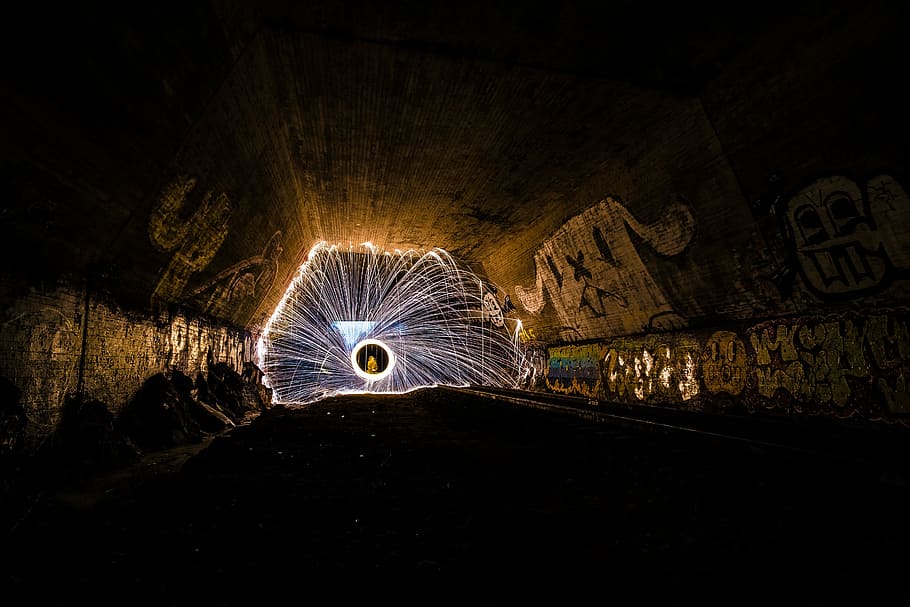 sparkles, tunnel, train, illuminated, motion, wire wool, night HD wallpaper