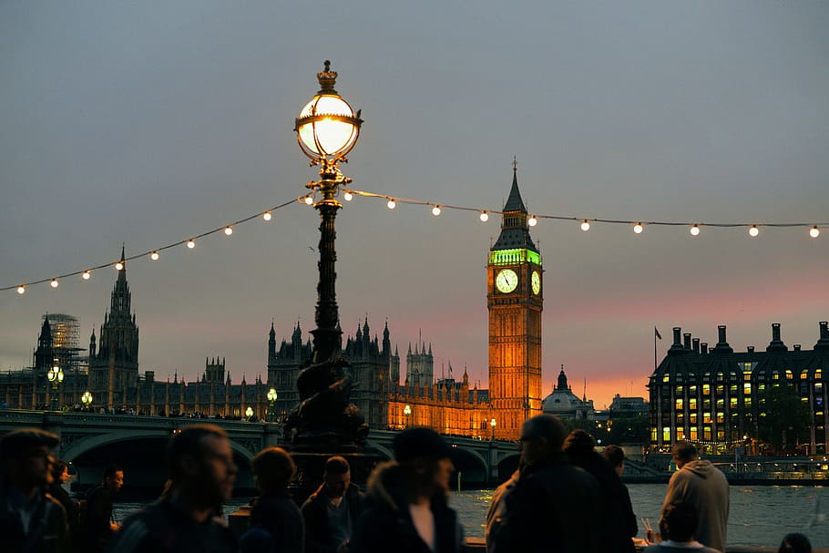 Big Ben London, Elizabeth Tower during nighttime, group of people