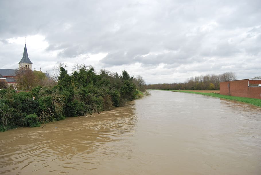 river, flood, church, eppegem, flow, water, built structure HD wallpaper