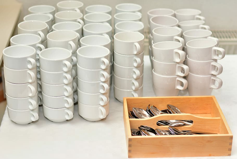 stack white ceramic teacup lot beside cutlery set, buffet, gastronomy HD wallpaper