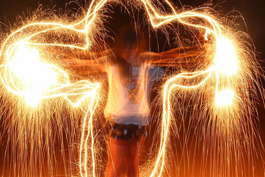 sparkler, light, night, glowing, girl, effect, experiment, timer HD wallpaper