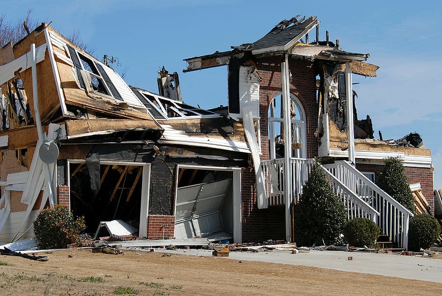 wrecked brown and white house, house fire, home, danger, fireman HD wallpaper
