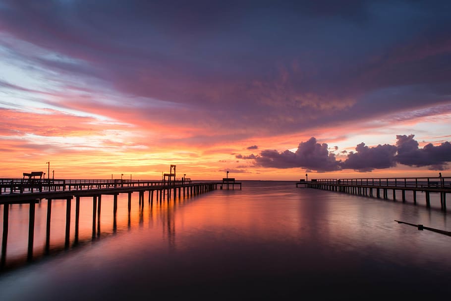 two docks during sunset, bay, evening, water, sky, summer, dusk HD wallpaper