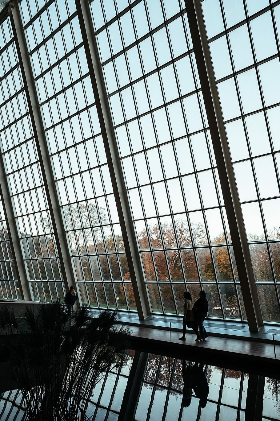 woman walking beside glass wall inside the building during daytime, two silhouette of persons walking near glass wall inside building architectural photography HD wallpaper
