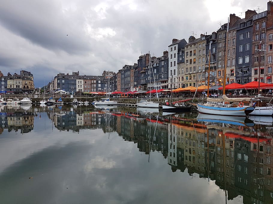 HD wallpaper: old town, harbor, port, reflection, cloudy, honfleur