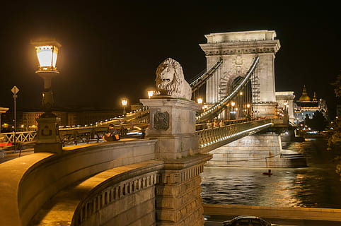 Stone Chain Bridge by night in Budapest, Hungary, architecture HD wallpaper