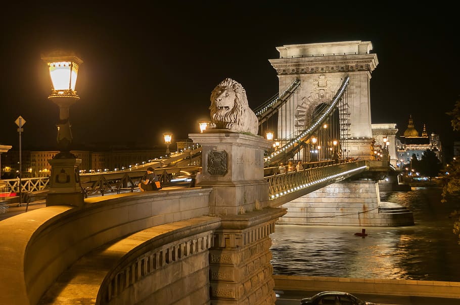 Stone Chain Bridge by night in Budapest, Hungary, architecture HD wallpaper