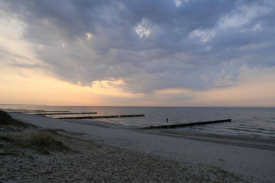sea, waters, sunset, beach, sky, cloud, coast, most beach, nature HD wallpaper