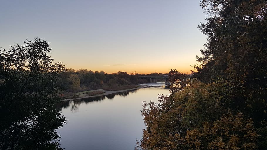 sunset, river, landscape, nature, scenic, water, scenery, tree HD wallpaper