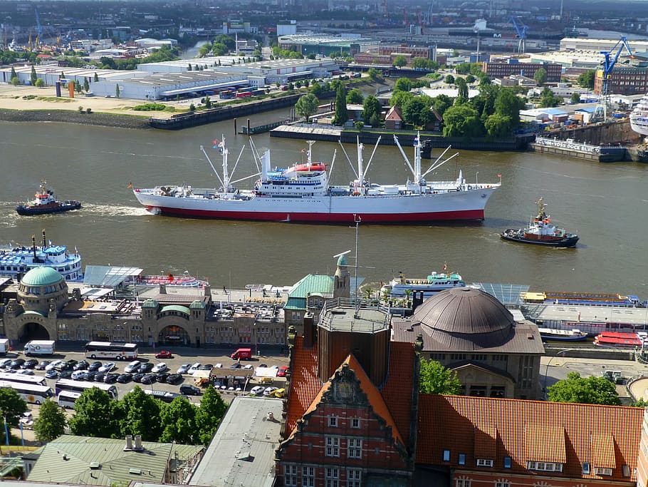 ship, container, elbe, seafaring, port, container ship, shipping HD wallpaper