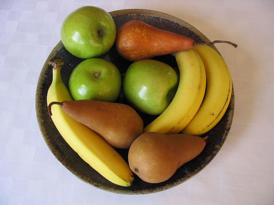 fruit, bowl, apple, green, pear, banana, whole, fresh, food and drink HD wallpaper