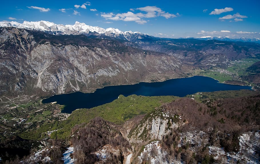 slovenia, bohinj, lake, panorama, sky, mountains, spring, ski lift, HD wallpaper