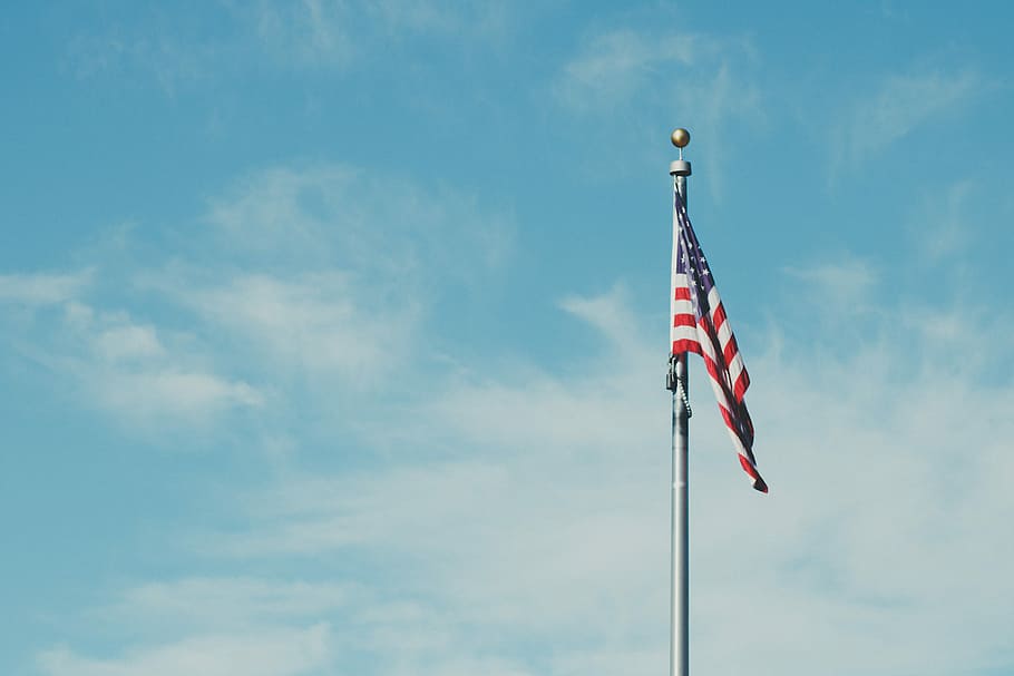 flag of America on pole with clouds, flag of America on gray pole with clouds, HD wallpaper
