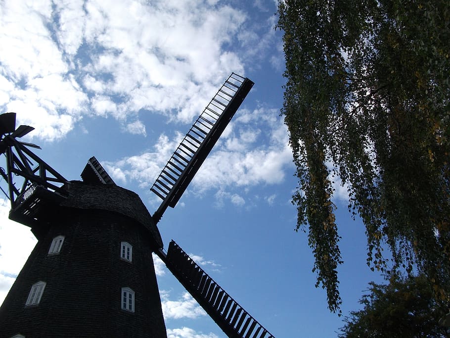 mill, sky, windmill, historically, clouds, low angle view, alternative energy HD wallpaper