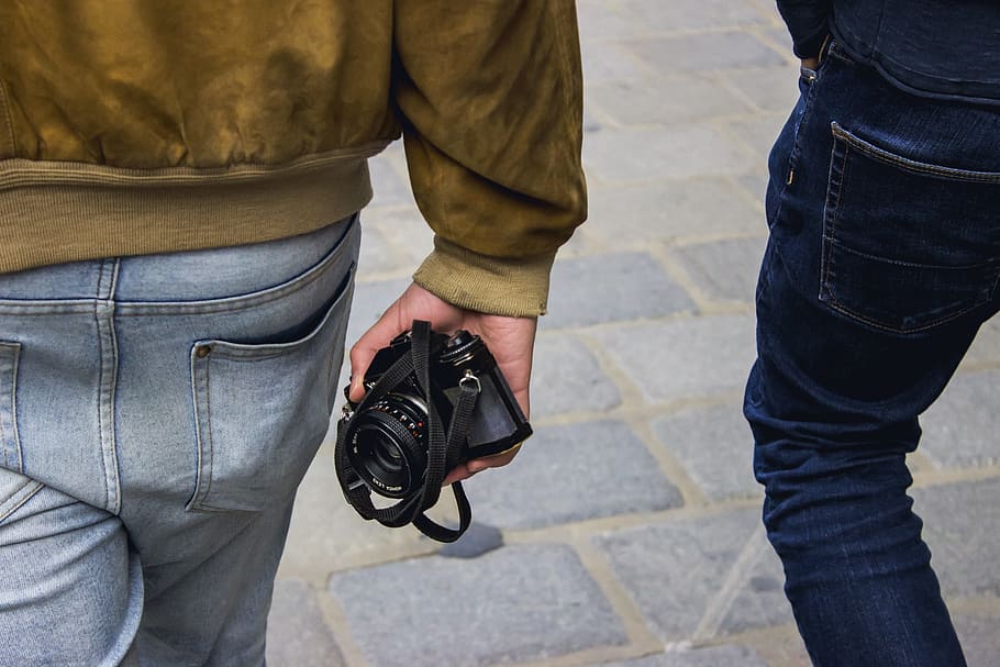 Camera, Jeans, Jacket, Men, Clothing, photo, road, blue, grey HD wallpaper