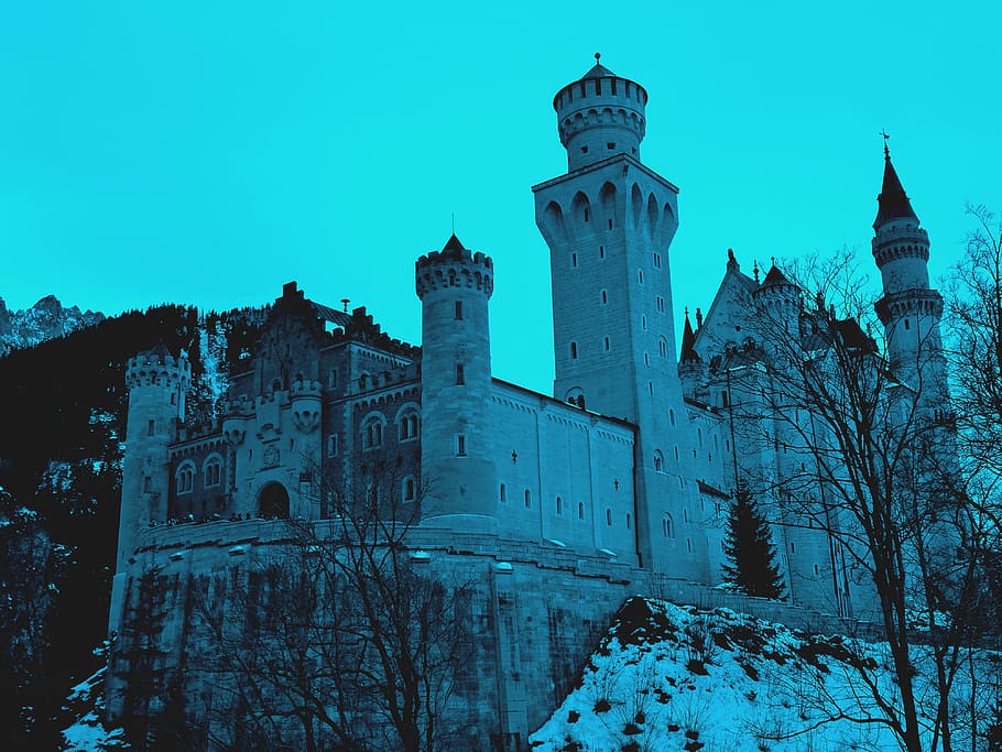 castle, germany, bavaria, blue, winter, neuschwanstein, landscape HD wallpaper