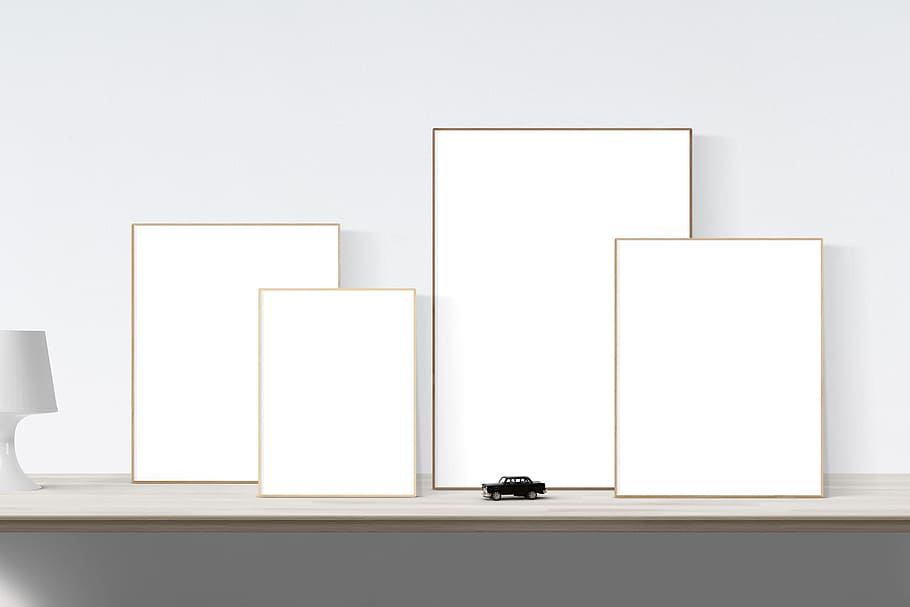black car scale model beside rectangular white boards, poster mockup, HD wallpaper