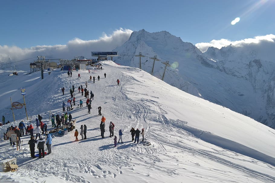 mountains, winter, dombay, snow, cold temperature, group of people HD wallpaper