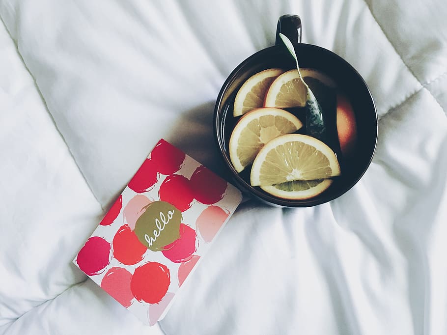 sliced oranges on white textile, black, cup, mug, lemon, fruit HD wallpaper
