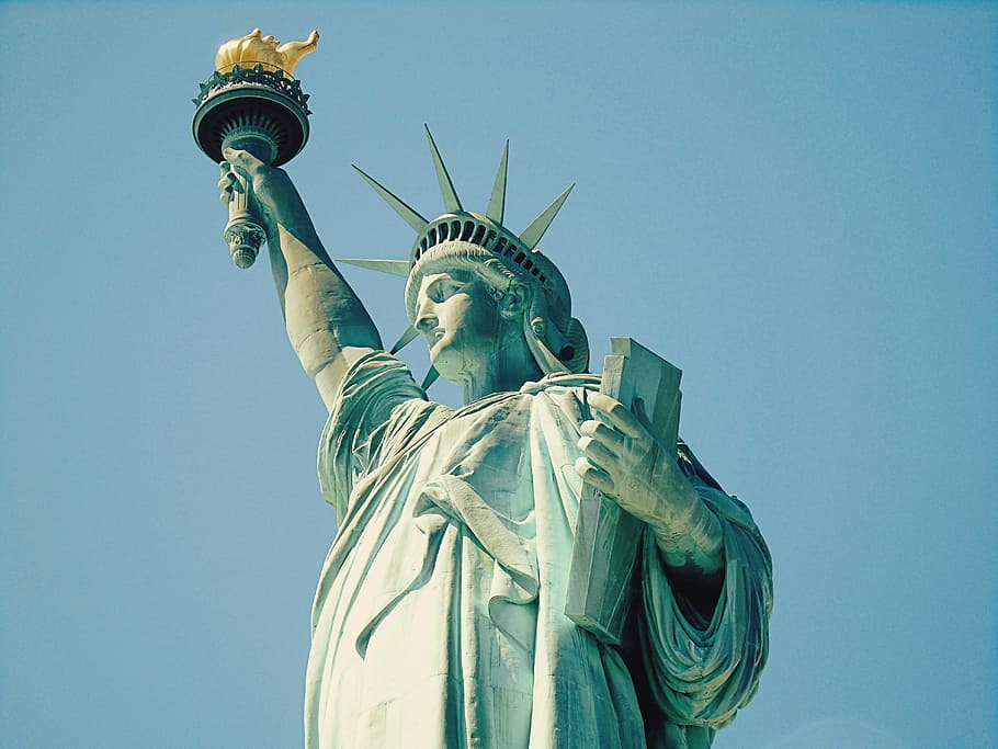 Statue of Liberty, new york, torch, sky, green, stone, monument