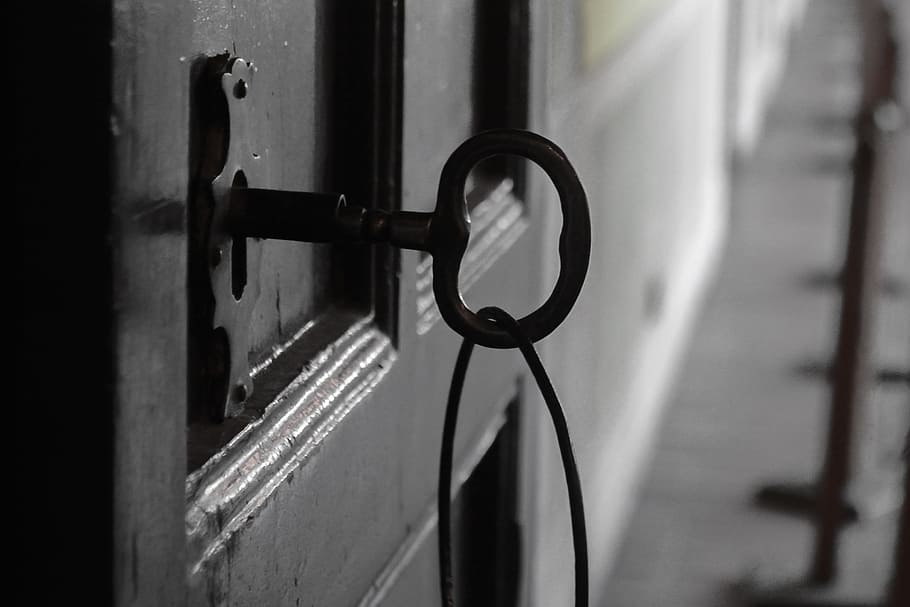 skeleton key on black door, old, texture, iron, lock, metal, detail