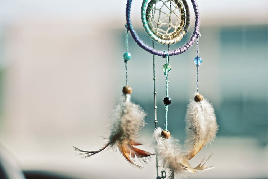 selective focus photography of multicolored dream catcher, shallow focus photography of purple and brown dream catcher decor