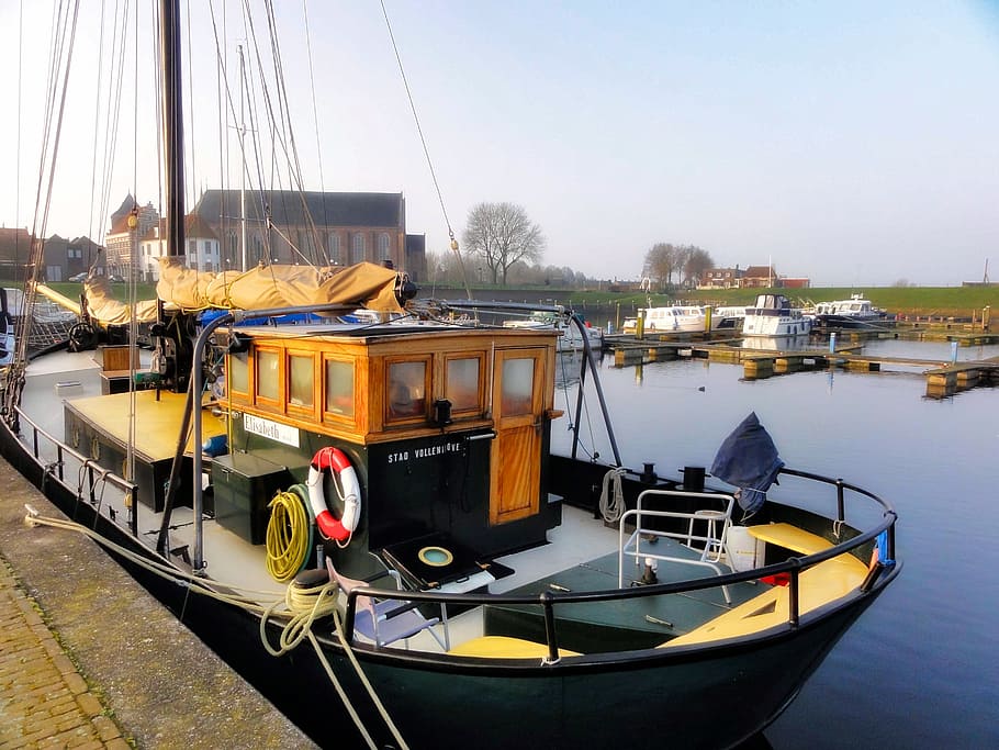 netherlands, harbor, bay, trees, boats, ships, spring, summer HD wallpaper