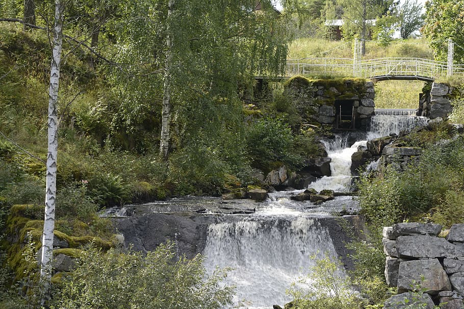 sweden, waterfall, green, trees, nature, forest, landscape HD wallpaper