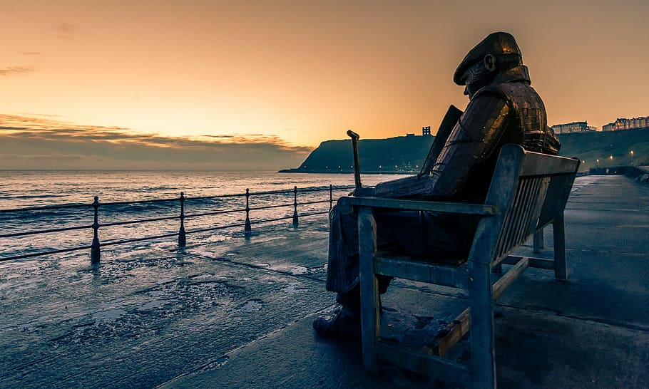 man sitting on bench statue, seascape, sculpture, giant bench, HD wallpaper