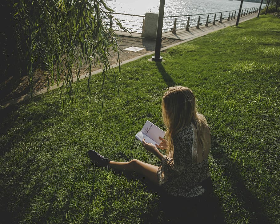 woman reading book sitting on field, woman sitting while reading on grass field HD wallpaper