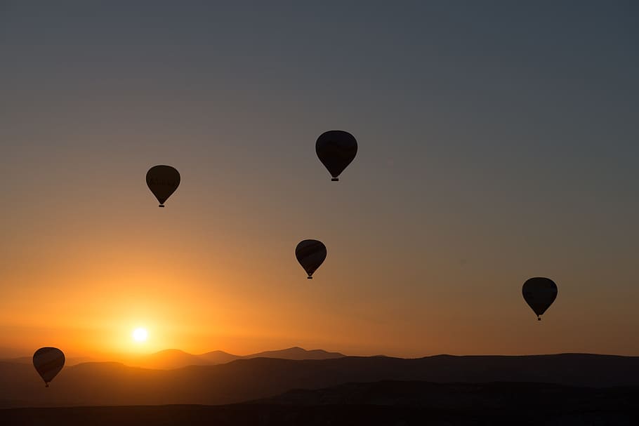 silhouette of five hot air balloons during sunset, hot-air ballooning, HD wallpaper