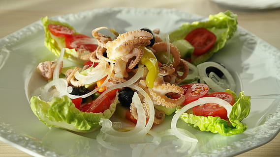 octopus dish, fish, squid, calamari, salad, cucumber, tomato HD wallpaper