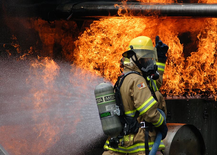 firefighter putting out fire, training, simulated plane fire, HD wallpaper