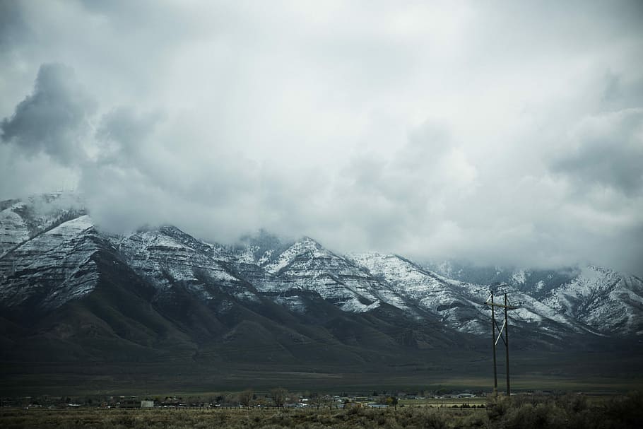 gray mountain with cloudy sky, snow-covered mountains at daytime HD wallpaper