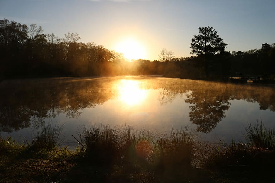 lake, sunset, winter, light, morning, orange, scenic, outdoor HD wallpaper