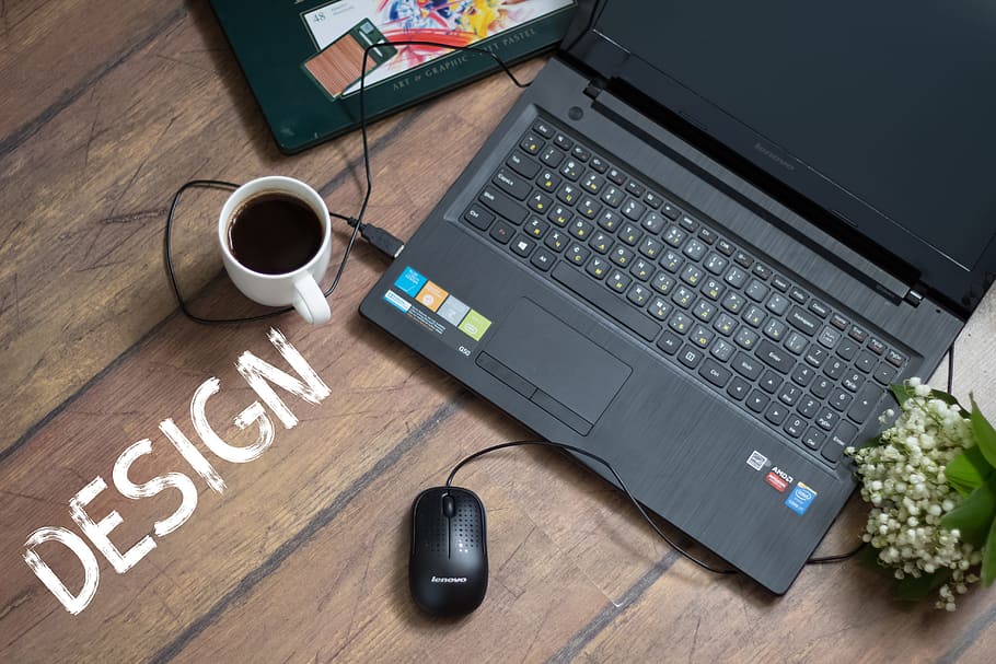 black laptop computer, design, notebook, coffee, work, creativity HD wallpaper