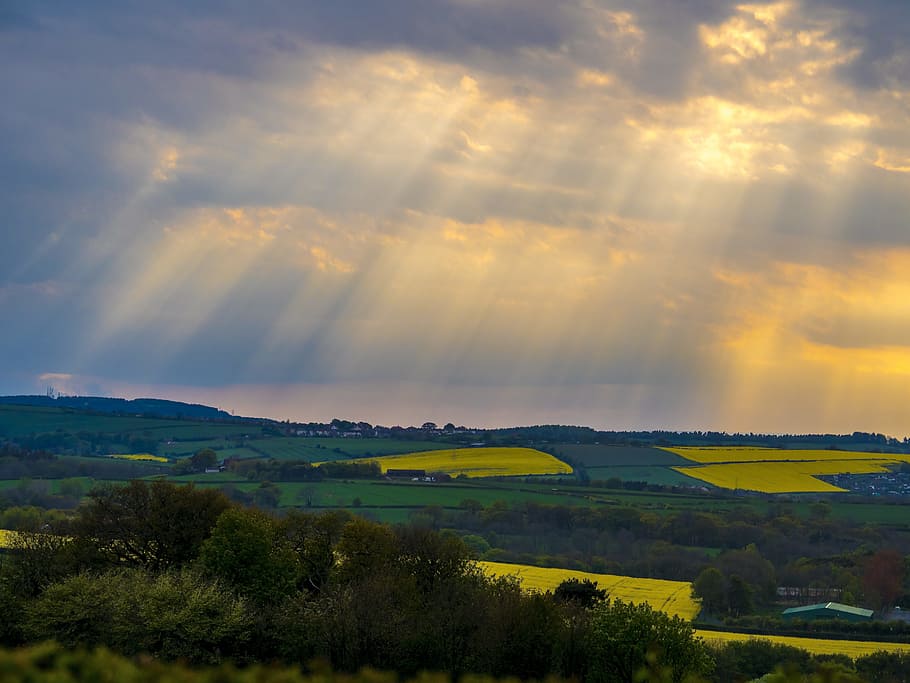green fields under crepuscular rays, clouds, storm, scenery, yorkshire