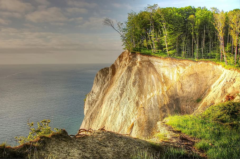 sea, landscape, nature, sky, beach, blue, cliff, clouds, coast HD wallpaper