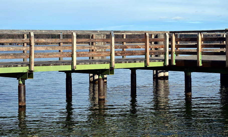 waters, pier, reflection, lake, sky, web, piles, wood, pond HD wallpaper