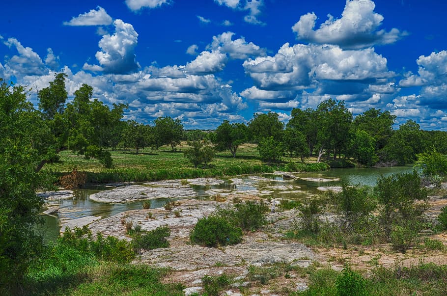 river, sky, clouds, blue, landscape, nature, outdoor, summer HD wallpaper