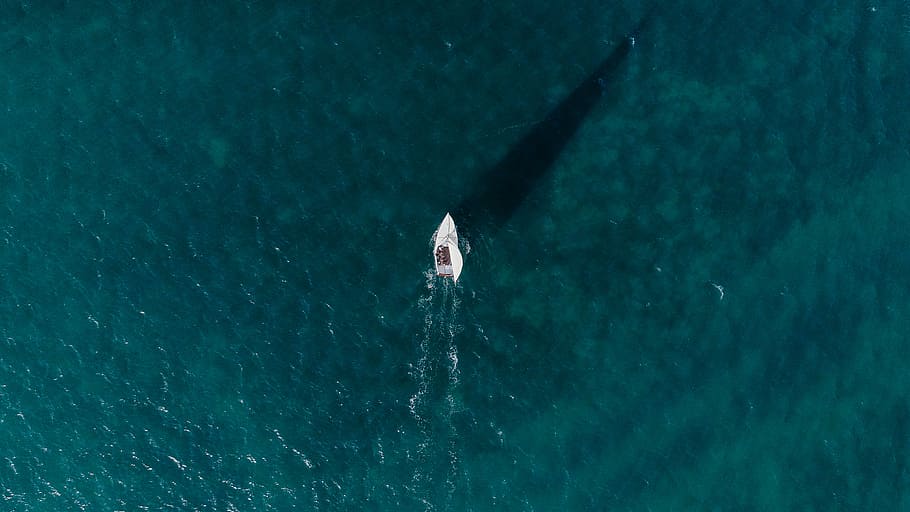bird's eye view photography of sailboat in the middle of ocean, aerial photo of white ship sailing on large body of water during daytime