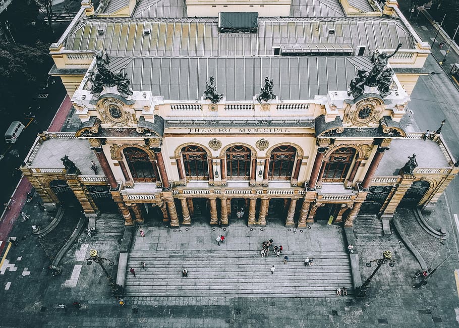 top view of theater building, theatre, architecture, urban, step, HD wallpaper